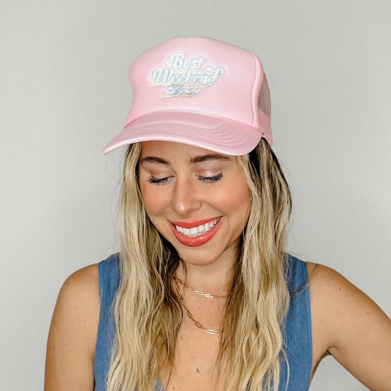 Bachelorette Party Trucker Hats - 1990s Bridesmaids Favors, Gifts Accessories - Pastel Pink Best Weekend Ever