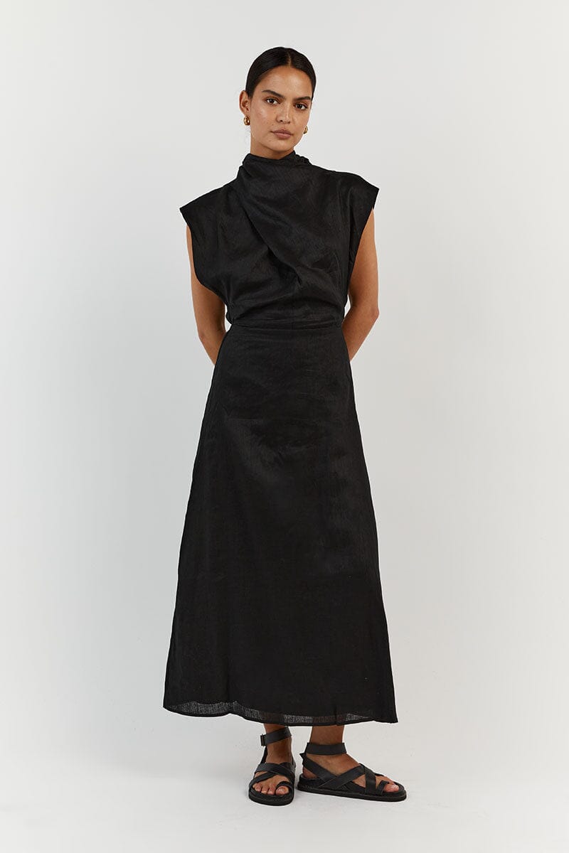 ALESSI BLACK LINEN MIDI DRESS Clothing DISSH Boutiques 10 BLACK