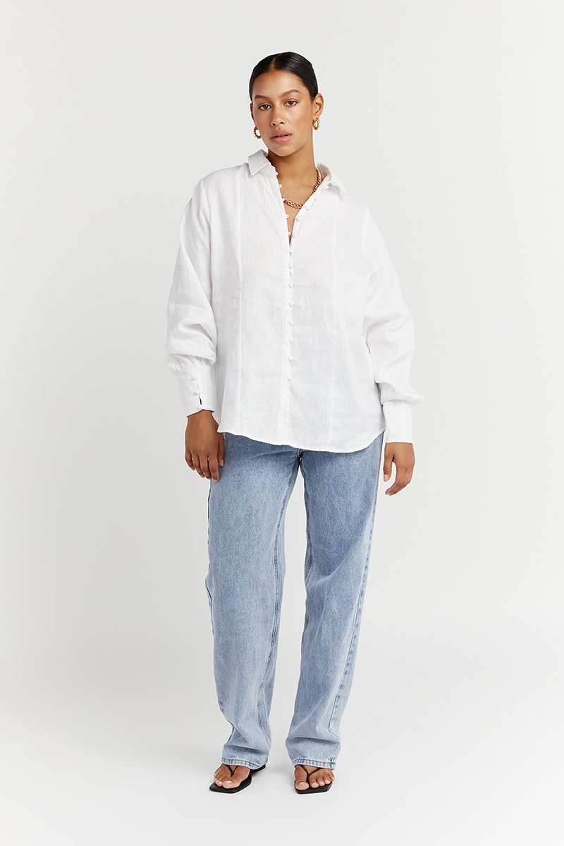 CLOE WHITE LINEN SLEEVE SHIRT