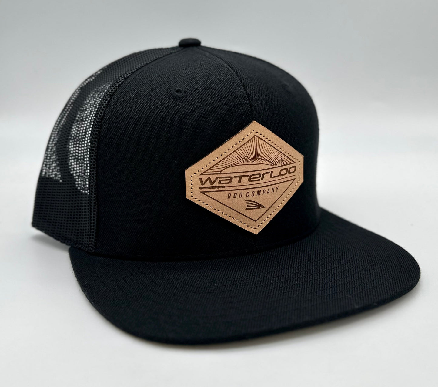 Waterloo Black Flat Bill Cap - Leather Diamond Patch