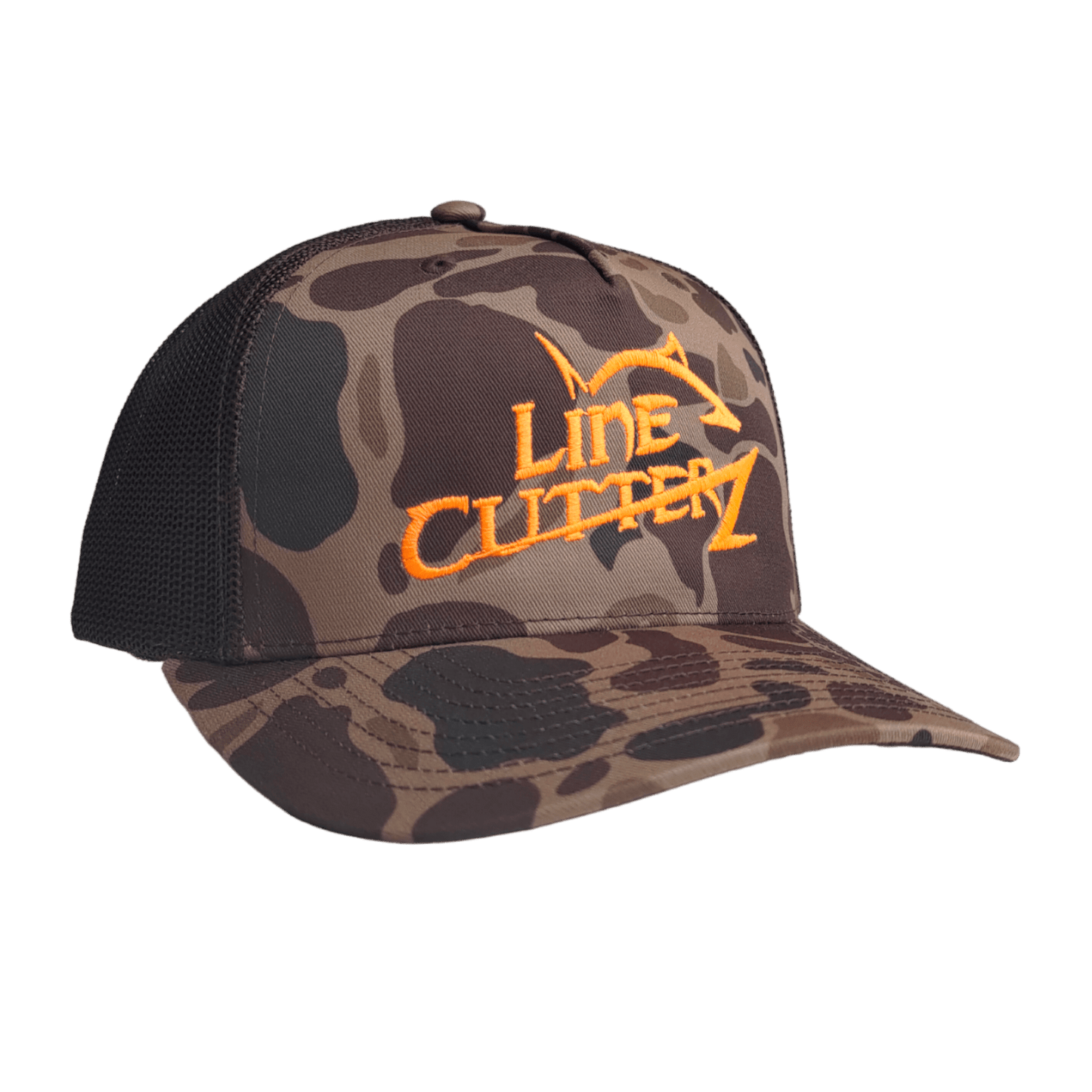 Line Cutterz Meshback Trucker Snapback Hats Line Cutterz Bark Duck Camo/Brown - Orange Logo