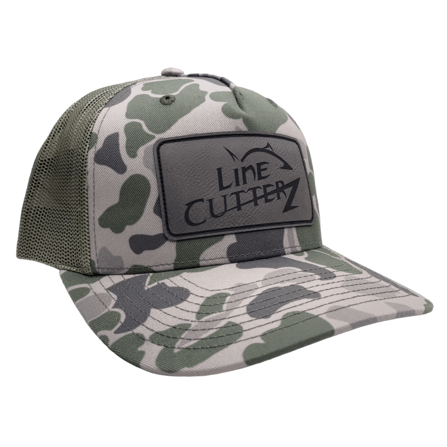 Line Cutterz Camo Meshback Trucker Snapback Hats Line Cutterz Marsh Duck Camo/Loden - Faux Leather Patch