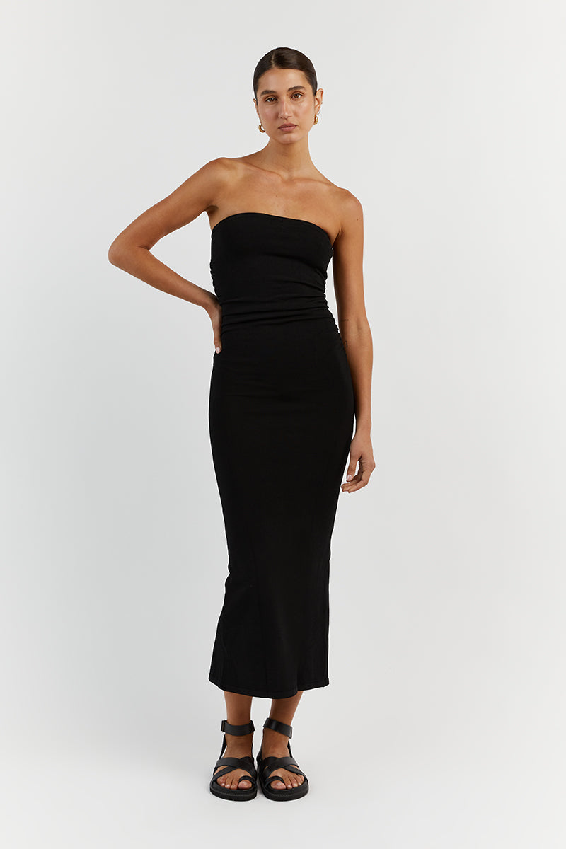 CARRIE BLACK RUCHED MIDI DRESS Clothing DISSH Boutiques XS BLACK