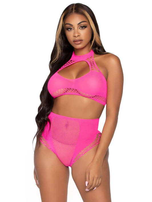 2 Pc Net Crop Top and High Waist Bottoms Pink