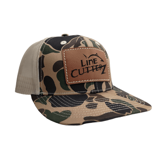 Line Cutterz Camo Meshback Trucker Snapback Hats Line Cutterz Old School Camo/Khaki - Faux Leather Patch