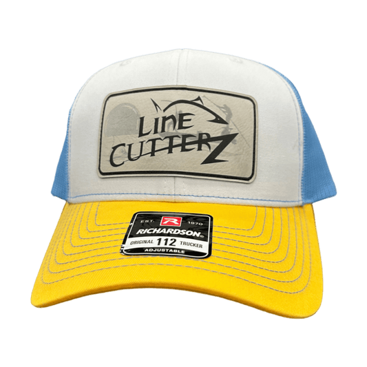 Line Cutterz Leather Patch Meshback Trucker Snapback Hats Line Cutterz White/Columbia Blue/Yellow Ivory Faux Leather Patch w/ Silhouette