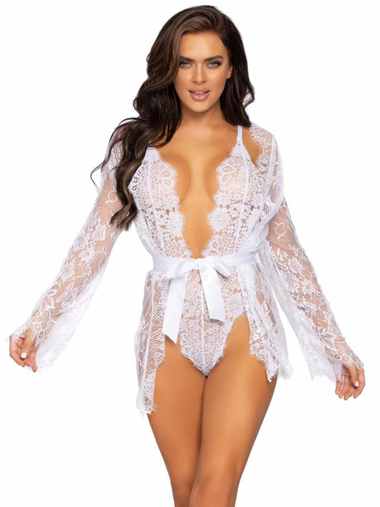 3 Pc Lace Teddy, Matching Robe and Tie White