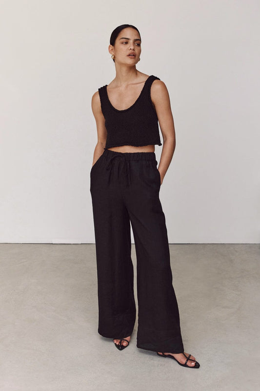 GINA BLACK LINEN ELASTIC WAIST PANT Clothing DISSH Boutiques 16 BLACK