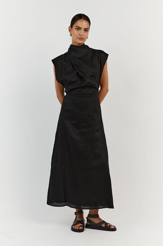 ALESSI BLACK LINEN MIDI DRESS Clothing DISSH Boutiques 10 BLACK