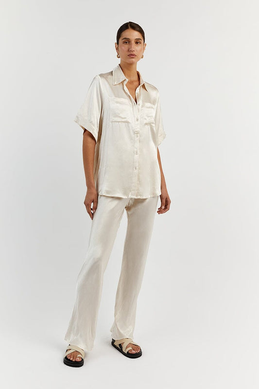 SIMONE PEARL SATIN VACATION SHIRT Clothing DISSH Boutiques 16 NUDE