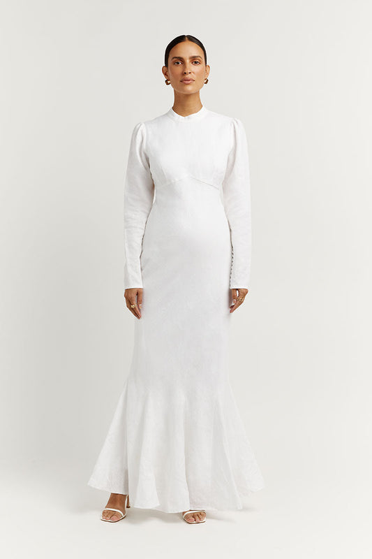 AISLE WHITE LINEN SLEEVE MIDI DRESS Clothing DISSH Boutiques 12 WHITE
