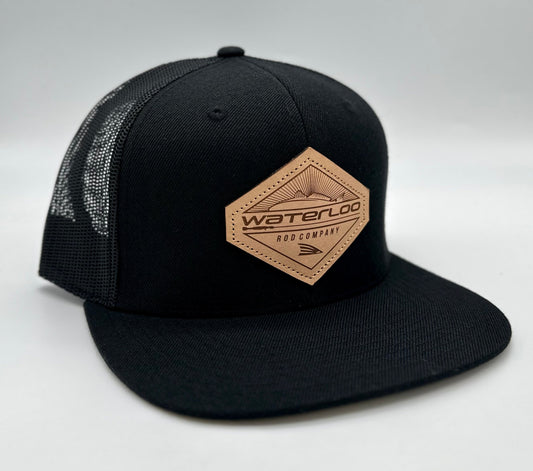 Waterloo Black Flat Bill Cap - Leather Diamond Patch