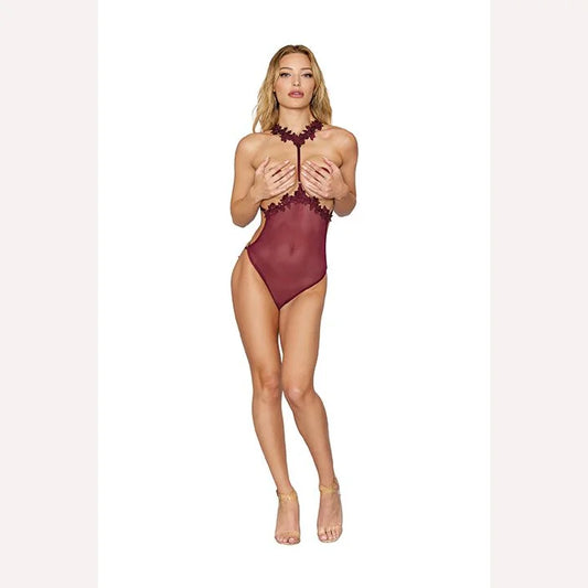 Sheer Venise Applique Teddy W/ Open Back & Cups Burgundy O/s