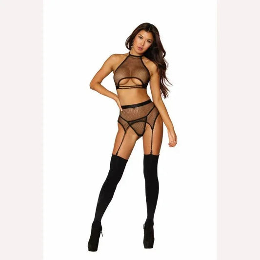 Stretch Fishnet 3pc Garter Set W/ Black Chains Black O/s