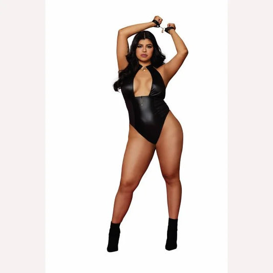Faux Leather Halter Teddy W/ Padlock Detail Black Q/s