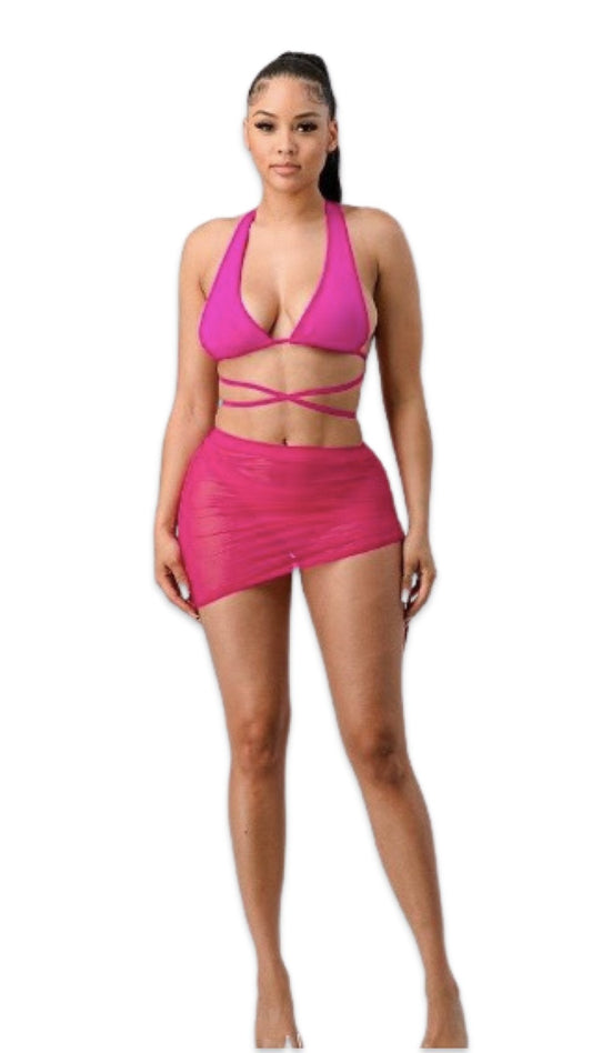 Bikini Set with Skirt Neon Pink