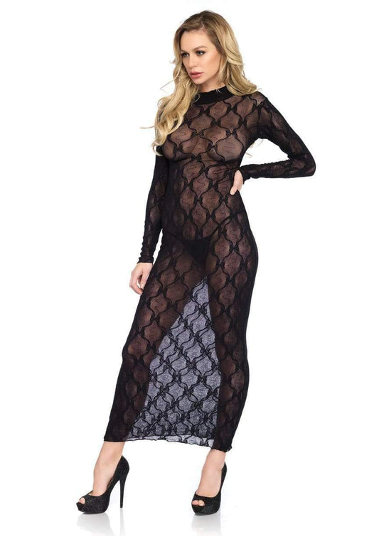 Bow Lace Long Sleeved Long Dress Black