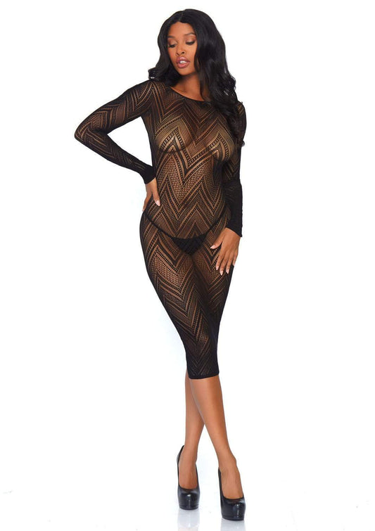 Chevron Net Long Sleeved Dress Black