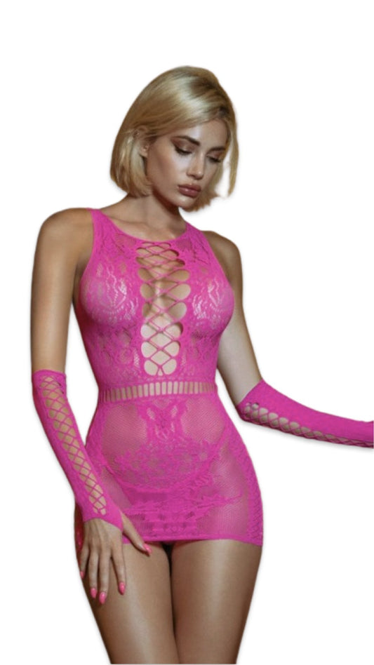 Fishnet Dress with Gloves Neon Pink