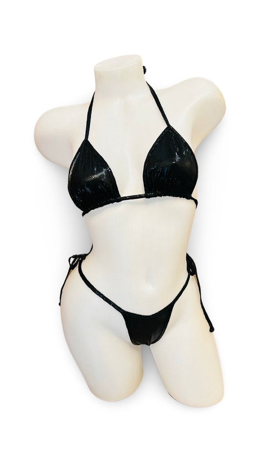 Fun Tie Bikini Set Wet Look Black