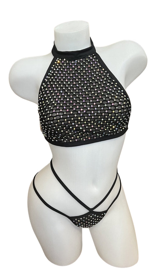 Halter Top Crystal Bikini - Black