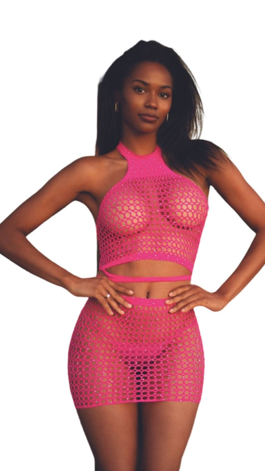 Rhinestone Halter and Skirt Set Neon Pink