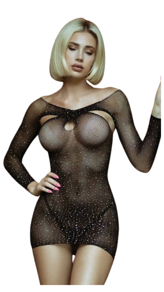 Star Rhinestone Fishnet Dress with Thong Black