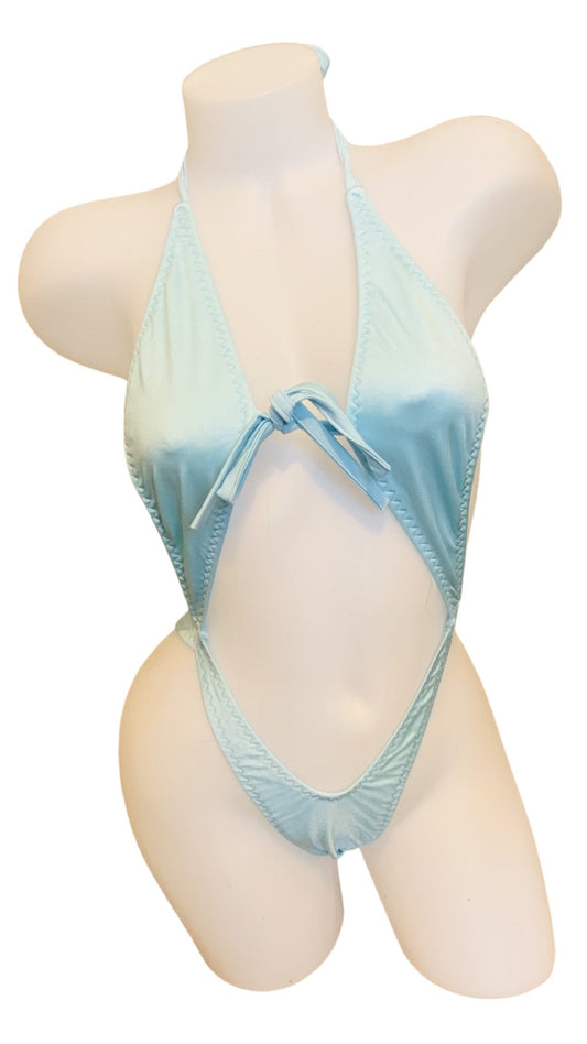 Suspender Front Tie Top & Thong Baby Blue