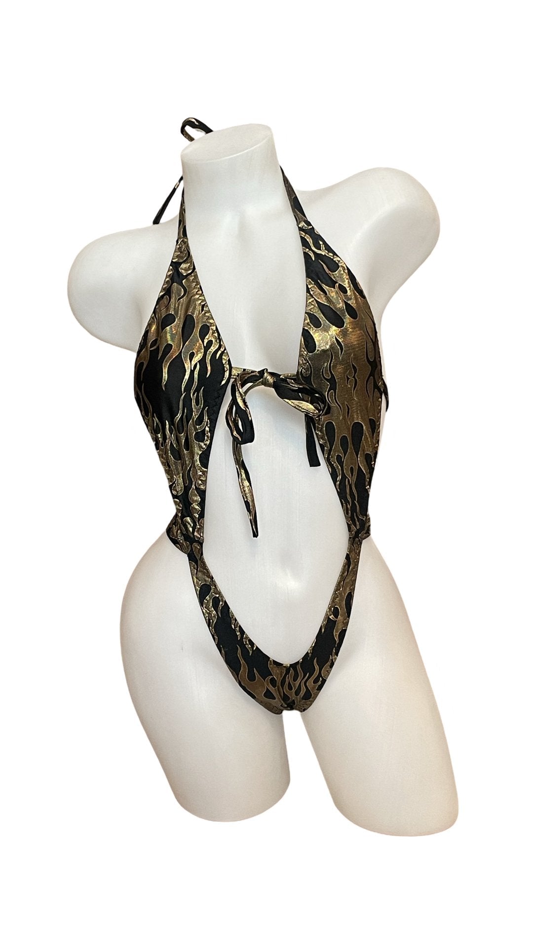 Suspender Front Tie Top & Thong Gold Flames