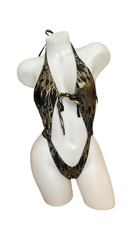 Suspender Front Tie Top & Thong Gold Flames