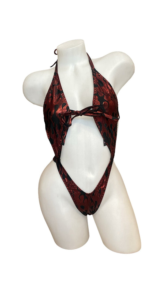 Suspender Front Tie Top & Thong Red Flames