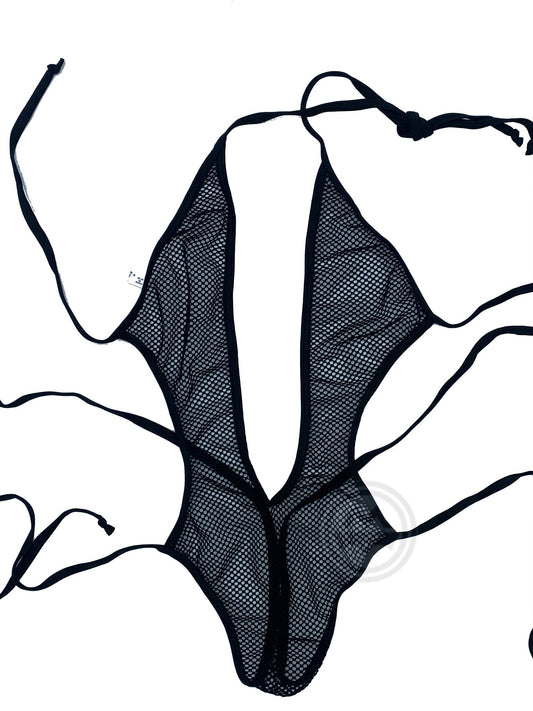 V-neck Fishnet Bodysuit with Ties - Black