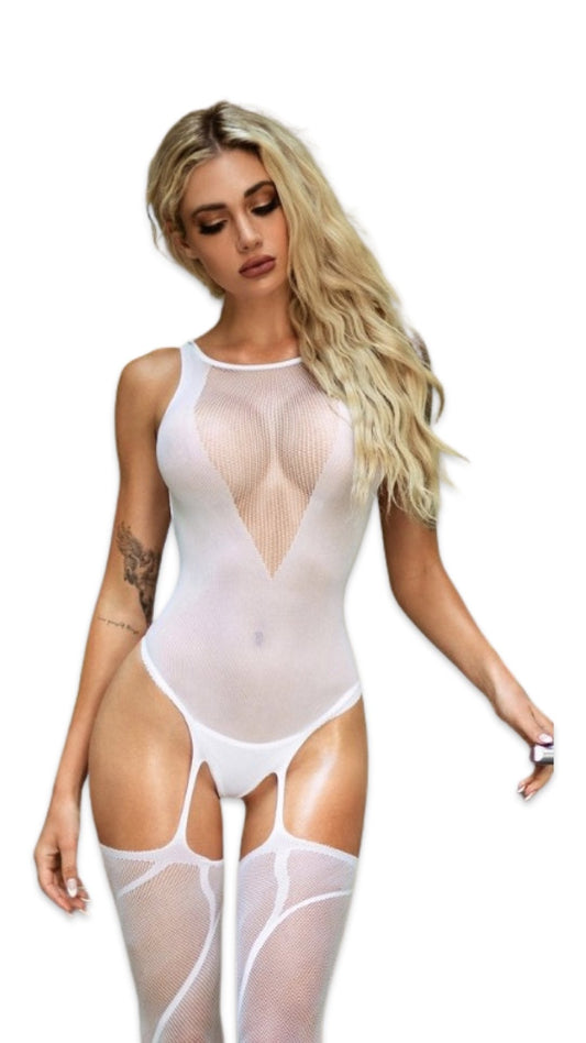 V-neck Open Back Teddy with Attached Tights White