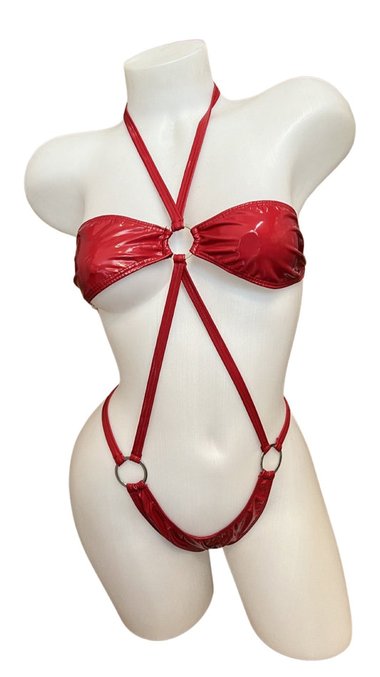 Vinyl Strappy Bodysuit Red